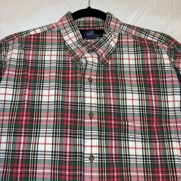 LANDS END Mens Shirt Large Tall Red Green Christmas Plaid Button Up Long Sleeve - Picture 4 of 11